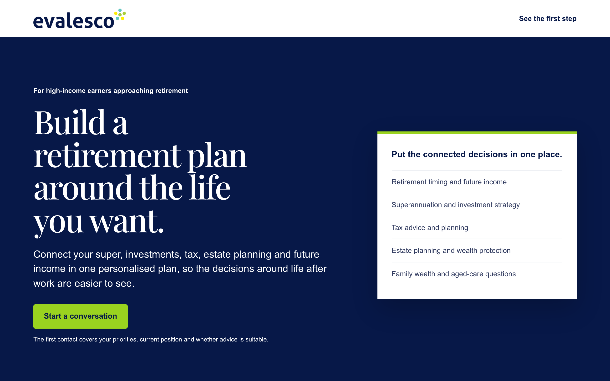 Landing page preview for Evalesco Financial Services